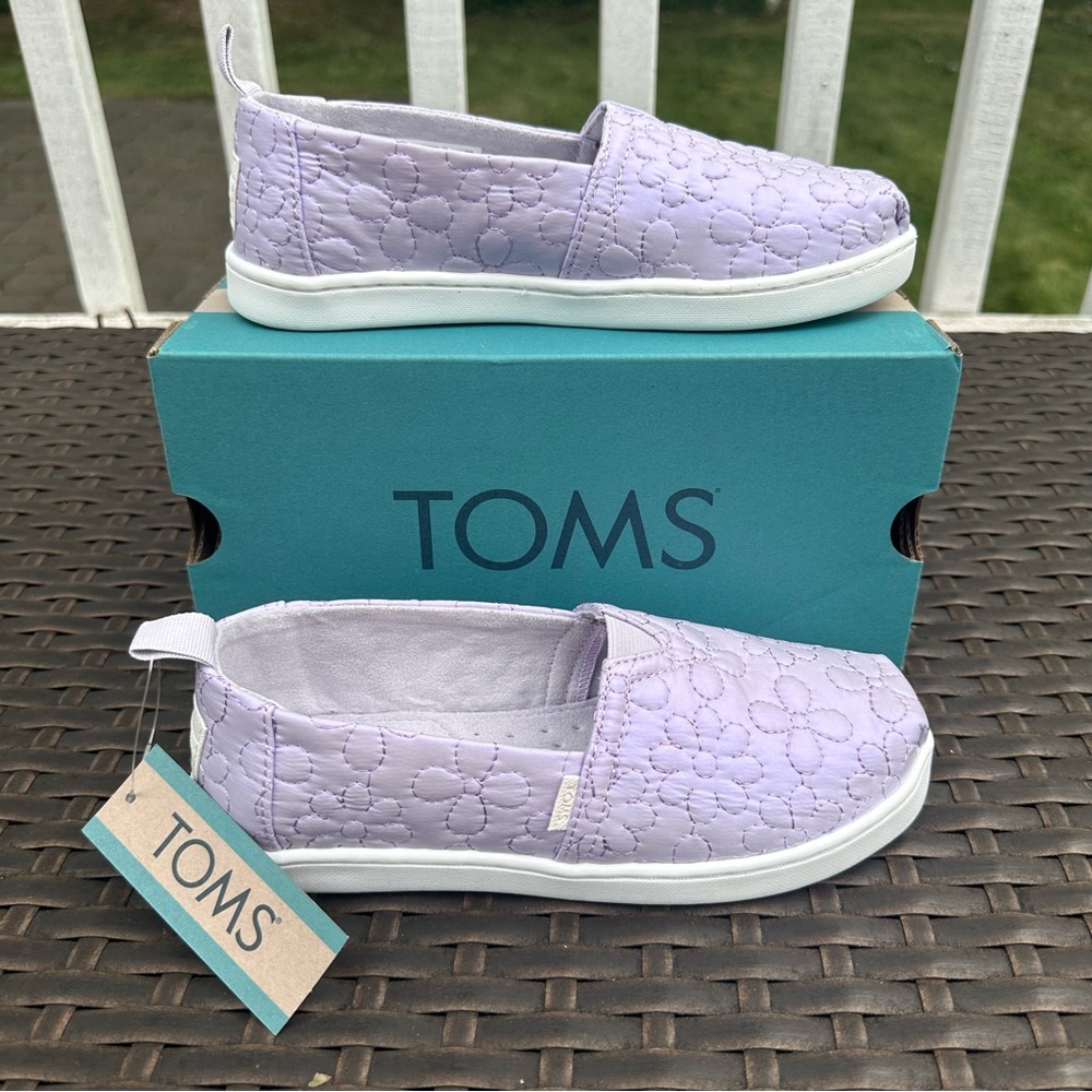 TOMS Floral Quilted Alpargata Purple Iridescent Slip On Sneakers, Kids, New